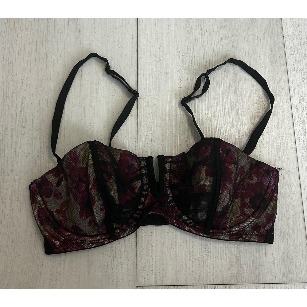 Victoria's Secret Demi Bra Sz 36C Black Mesh Floral Colorful EUC